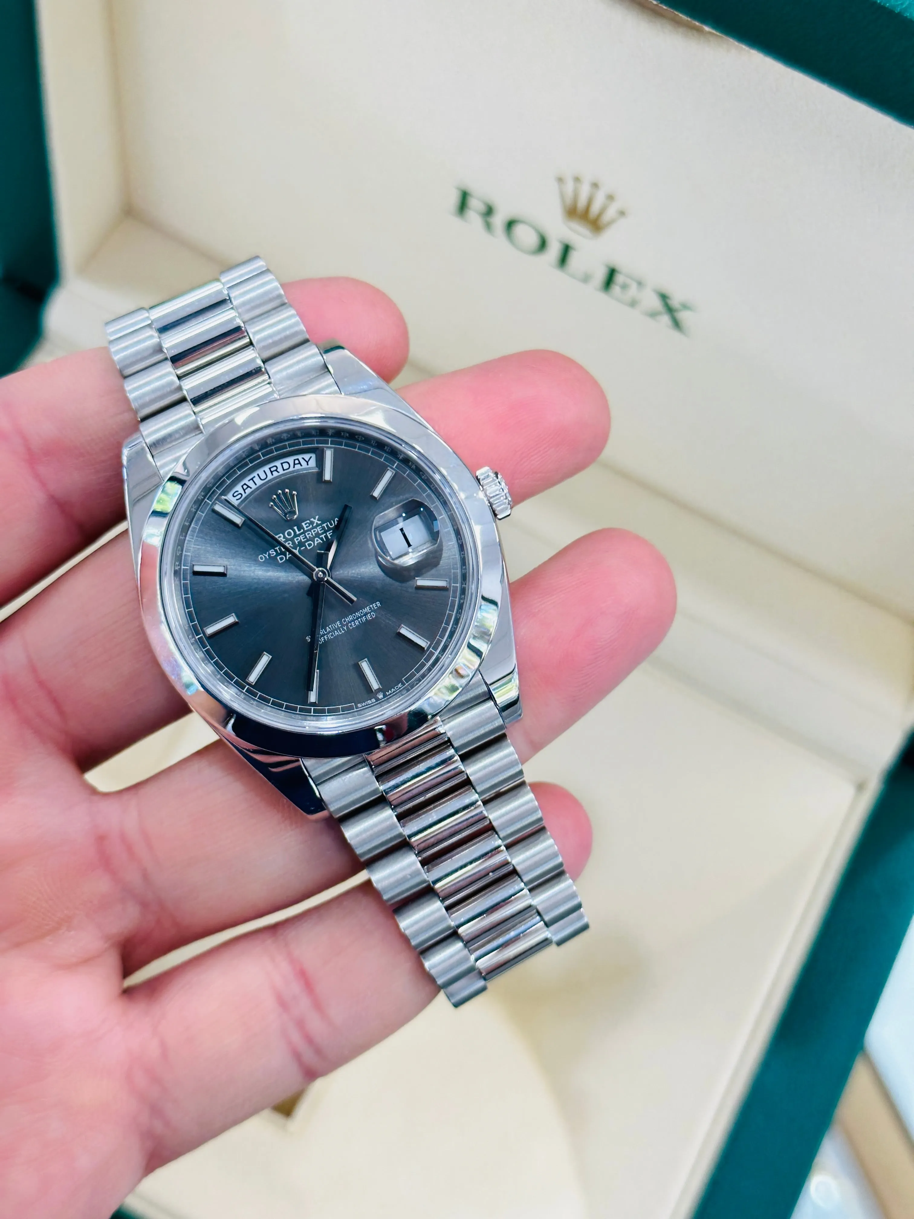 Rolex Day-Date 40mm Platinum 228206 Grey PreOwned