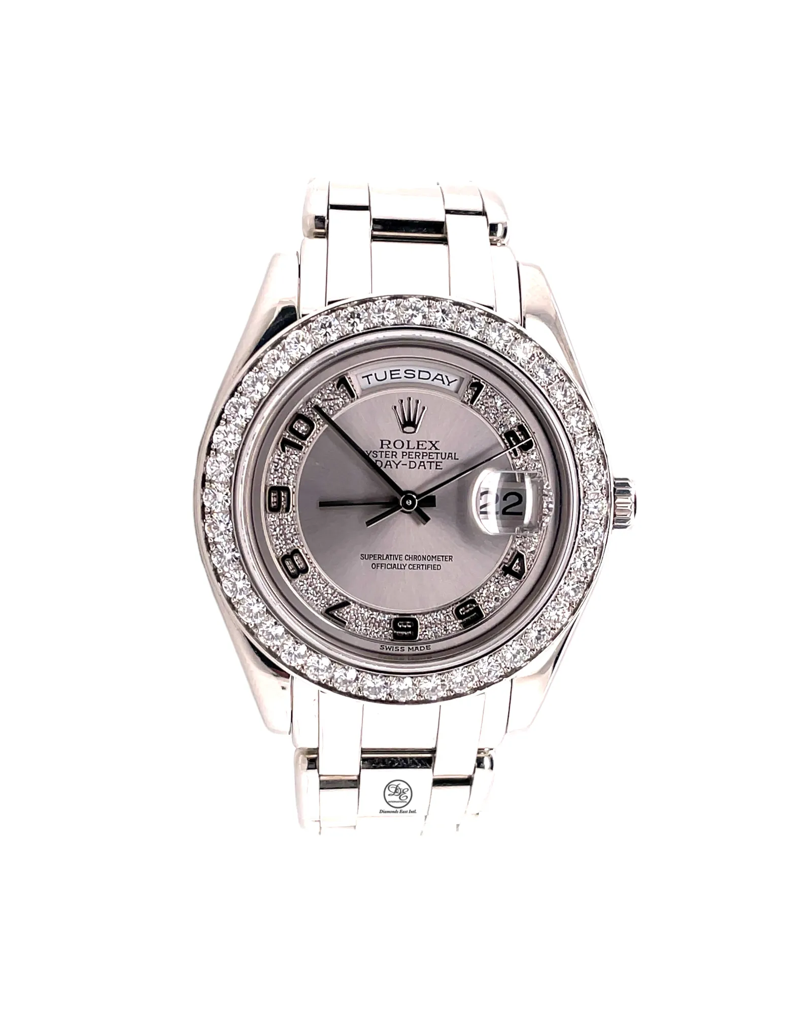 Rolex Masterpiece Day-Date 18946 Platinum 39 Factory Diamond Bezel Factory Silver Diamond Myriad Dial PreOwned