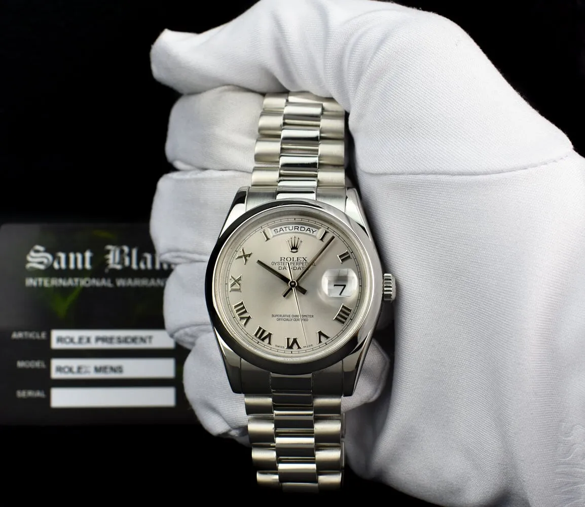 ROLEX Platinum President Day Date 36 Rhodium Roman Dial Fat Buckle Model 118206