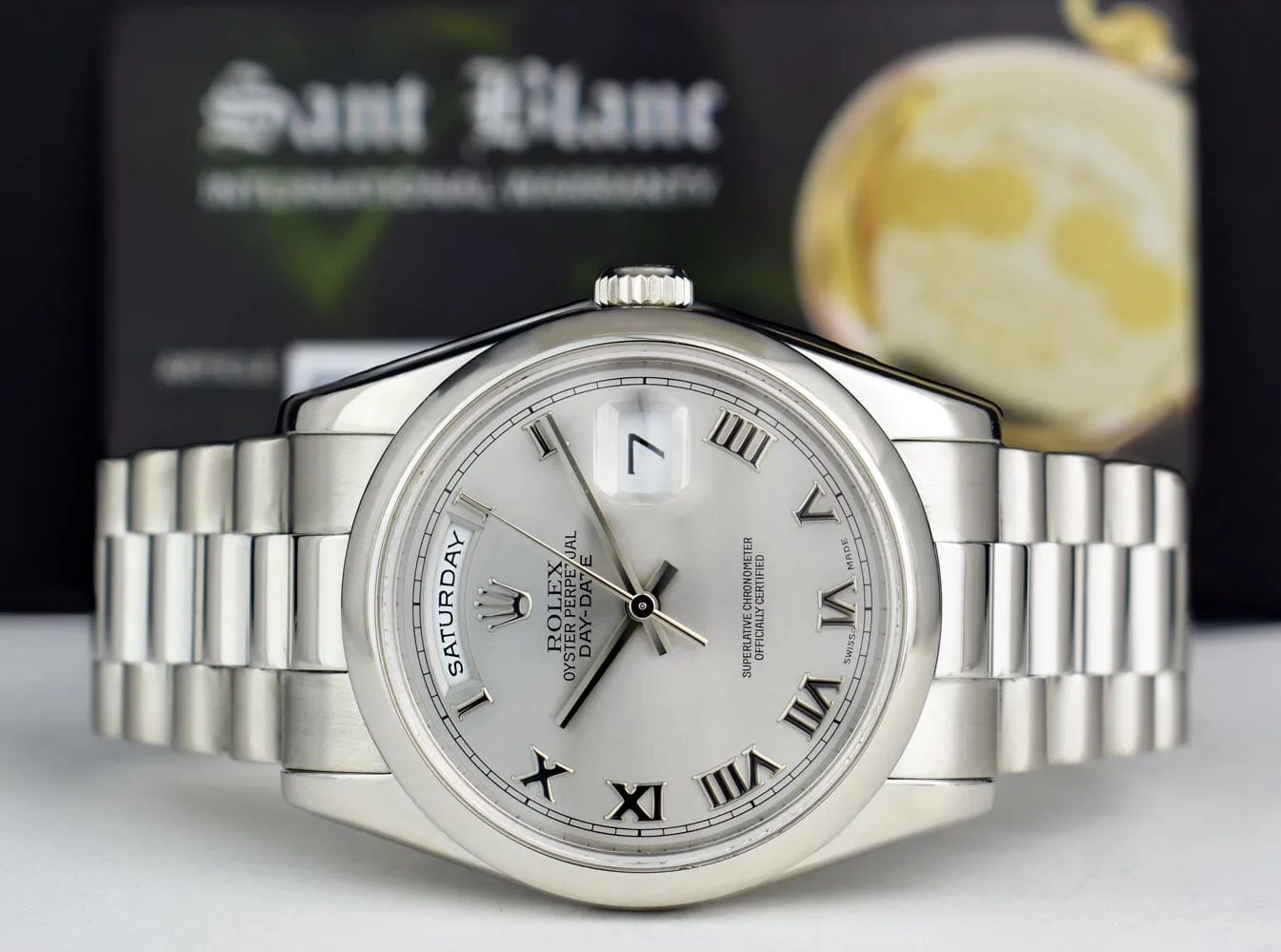 ROLEX Platinum President Day Date 36 Rhodium Roman Dial Fat Buckle Model 118206