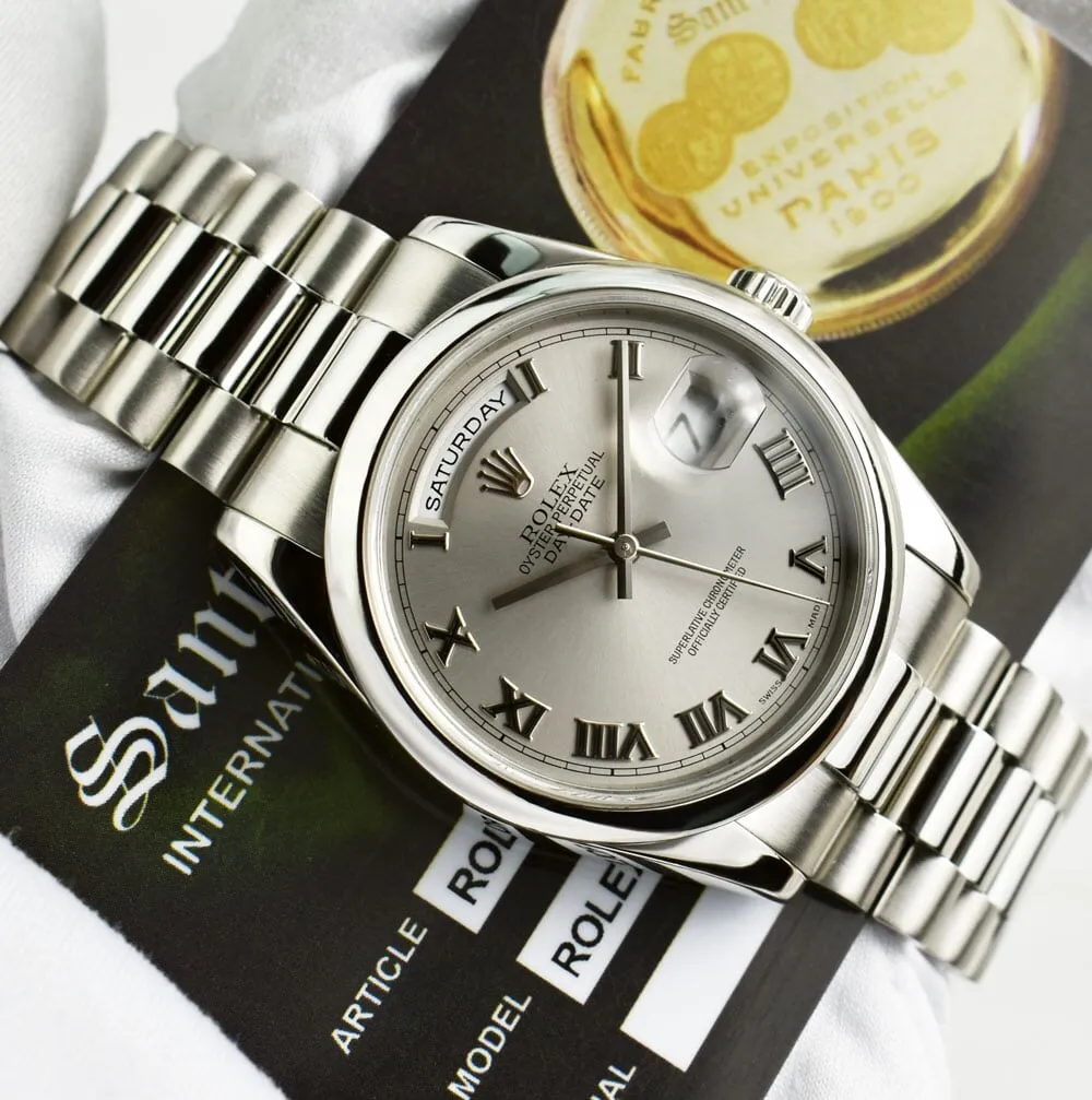 ROLEX Platinum President Day Date 36 Rhodium Roman Dial Fat Buckle Model 118206