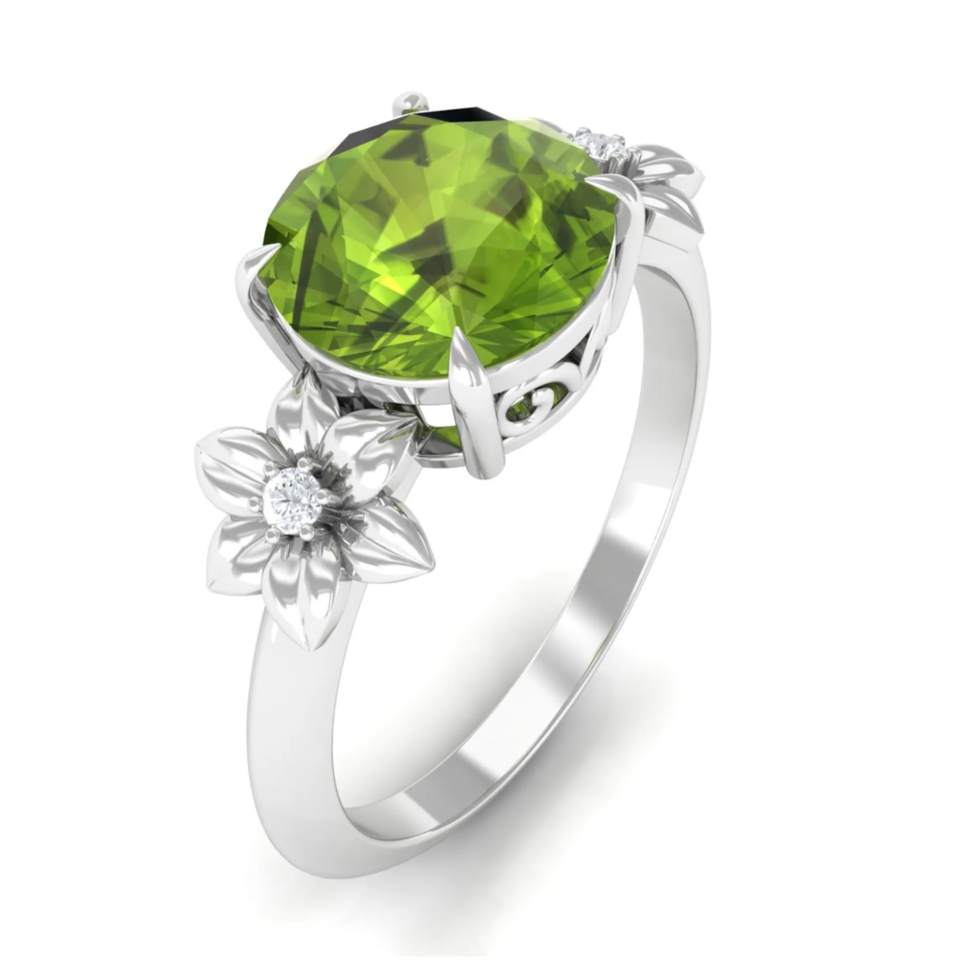 Round Peridot Solitaire Flower Engagement Ring with Diamond