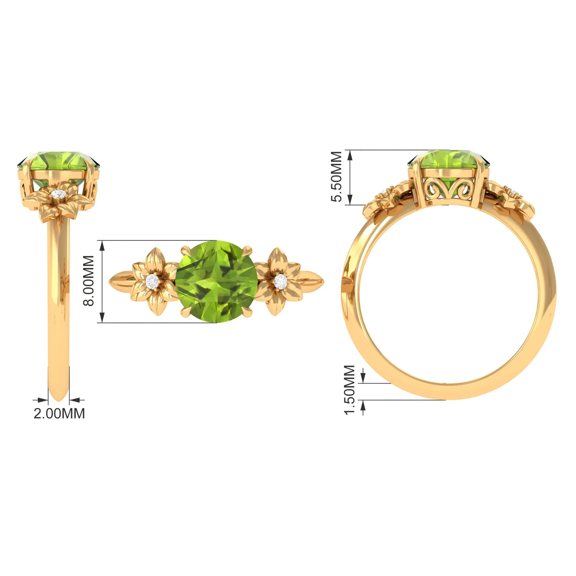 Round Peridot Solitaire Flower Engagement Ring with Diamond