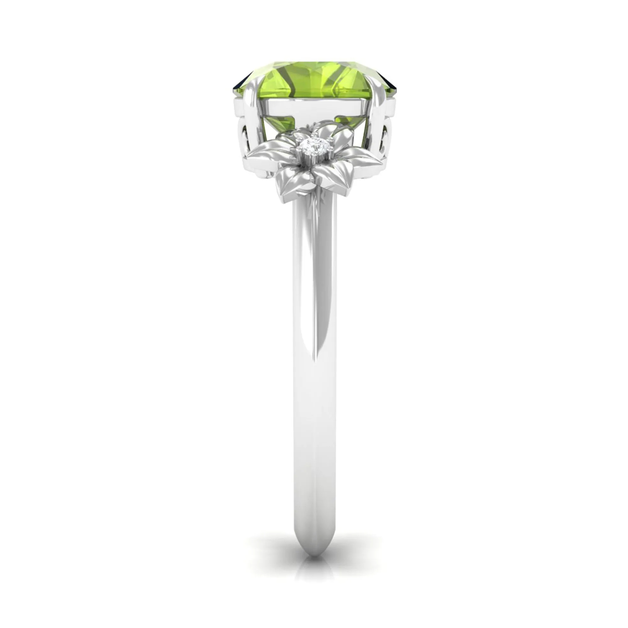 Round Peridot Solitaire Flower Engagement Ring with Diamond