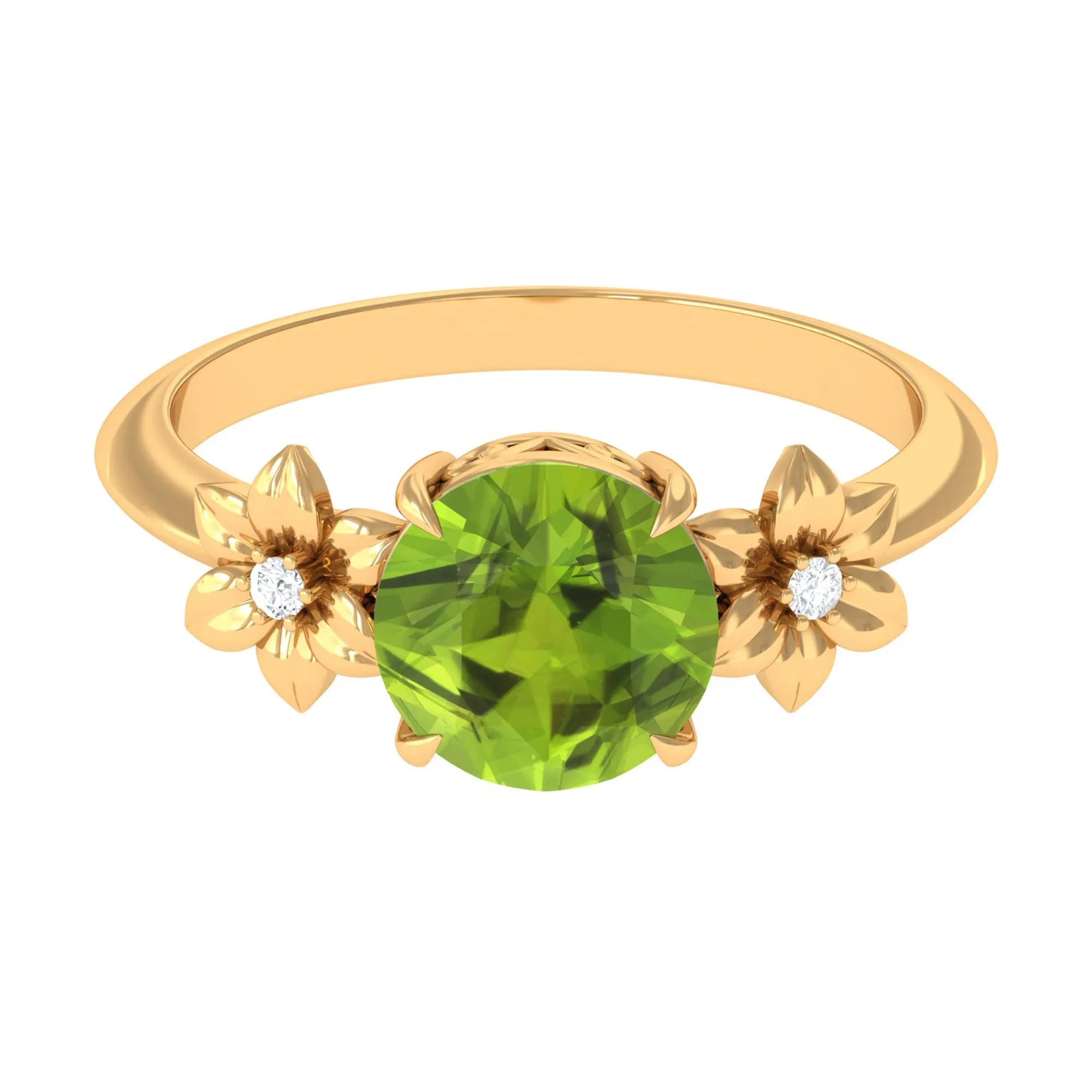 Round Peridot Solitaire Flower Engagement Ring with Diamond