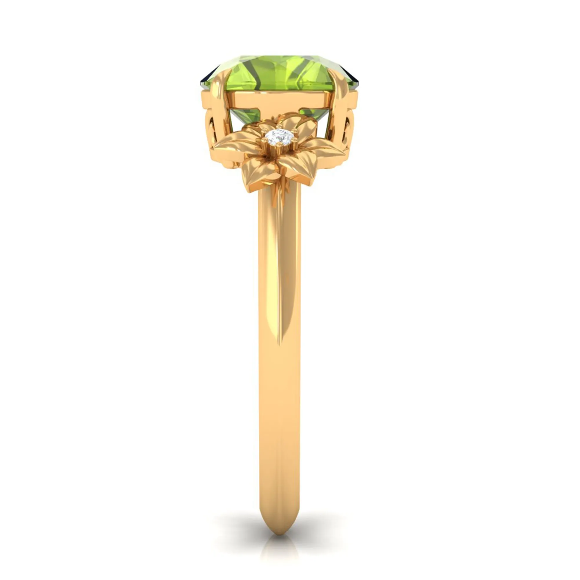 Round Peridot Solitaire Flower Engagement Ring with Diamond
