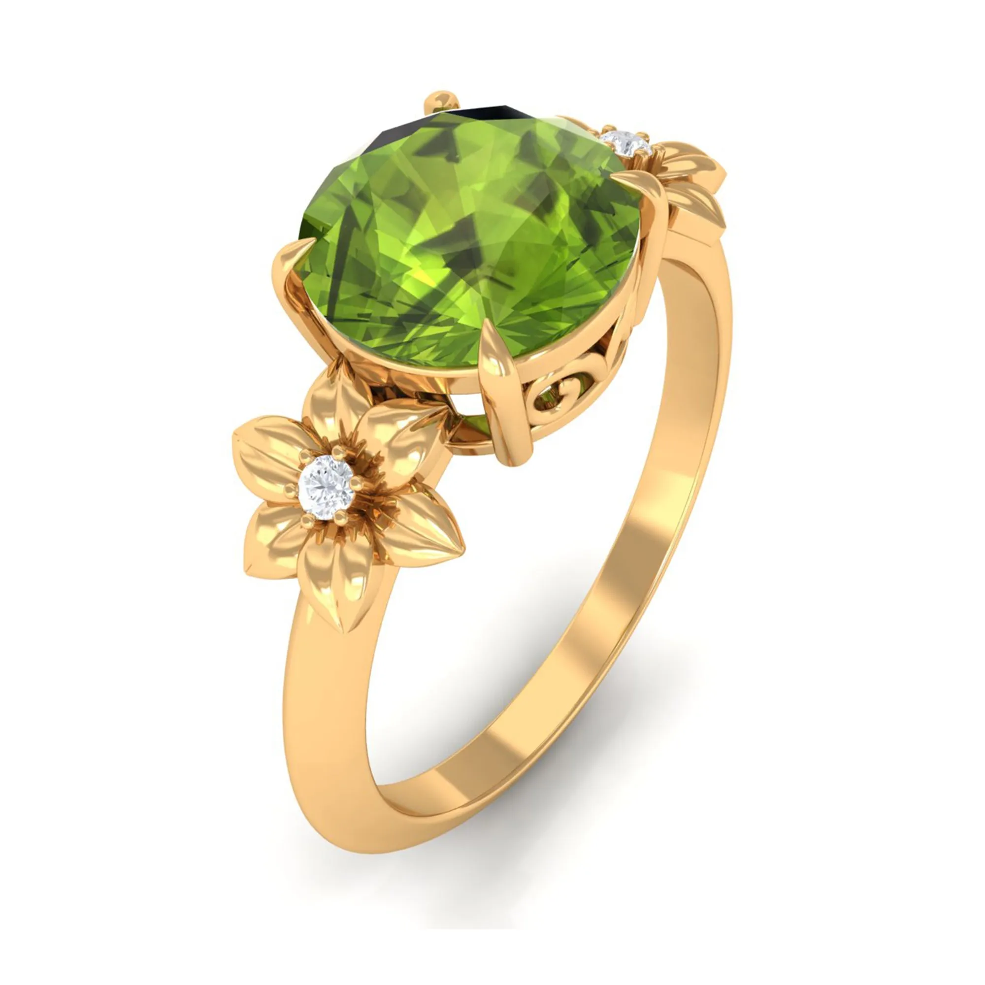 Round Peridot Solitaire Flower Engagement Ring with Diamond