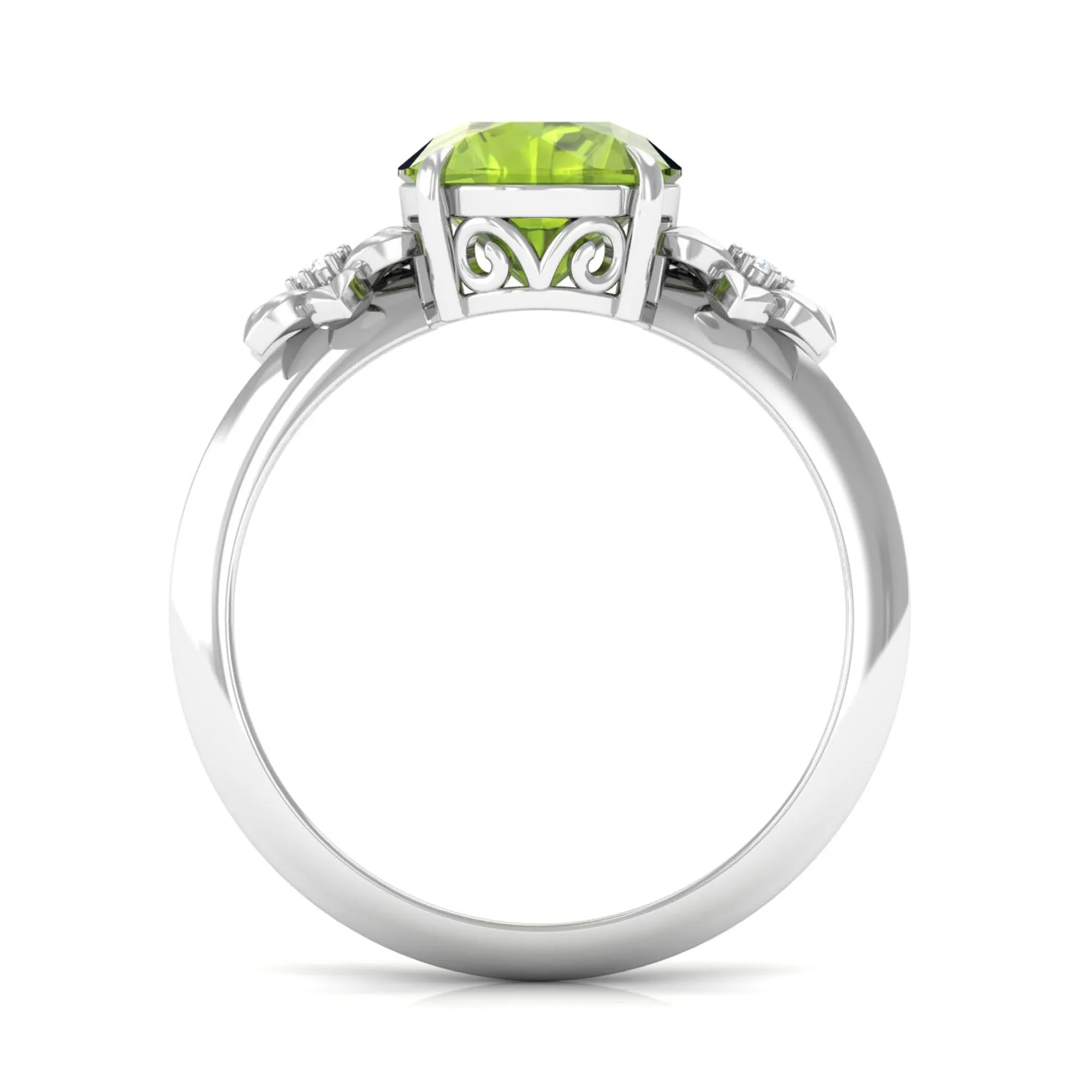 Round Peridot Solitaire Flower Engagement Ring with Diamond