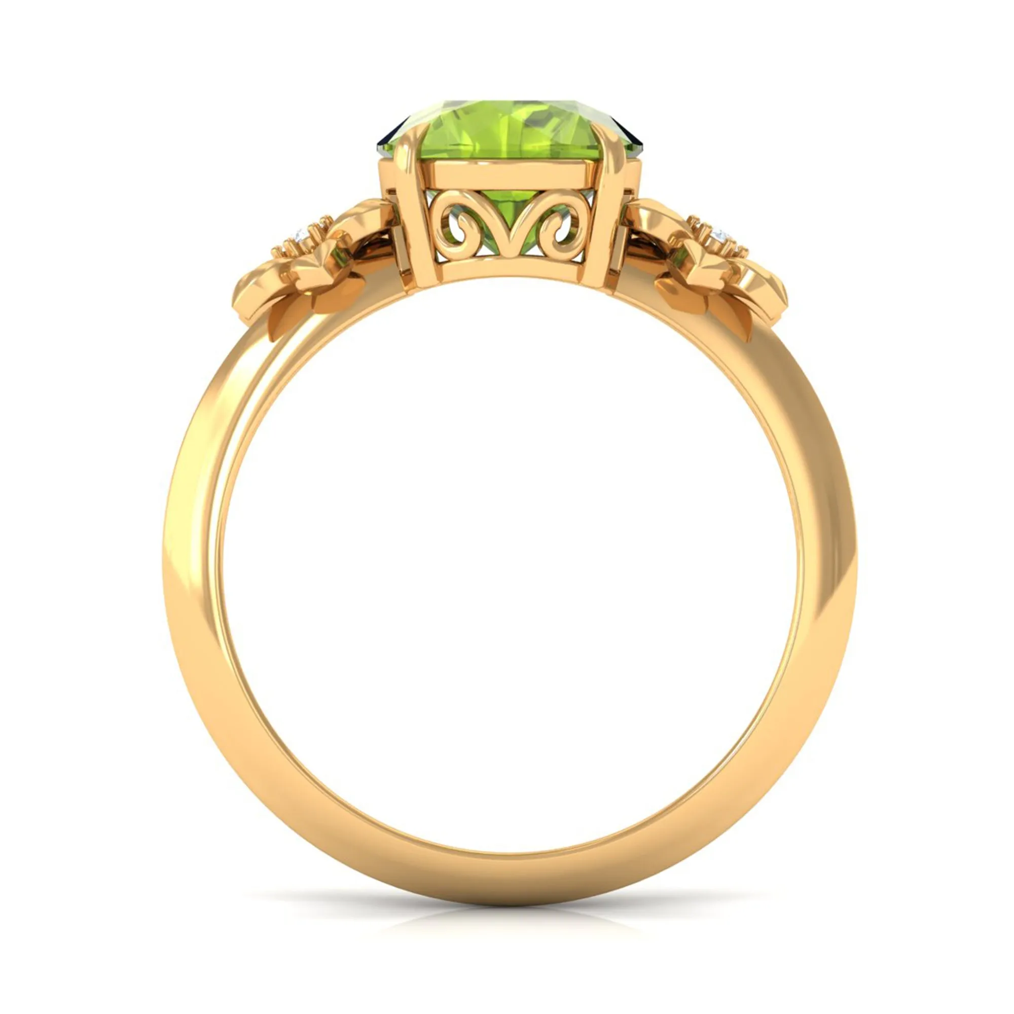Round Peridot Solitaire Flower Engagement Ring with Diamond
