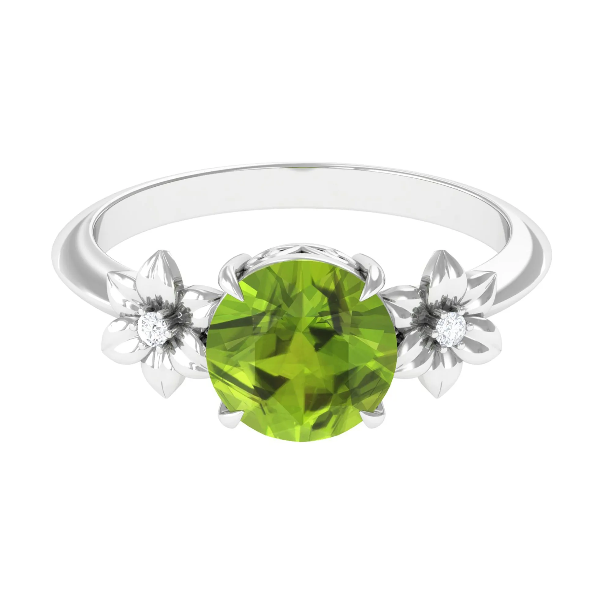 Round Peridot Solitaire Flower Engagement Ring with Diamond