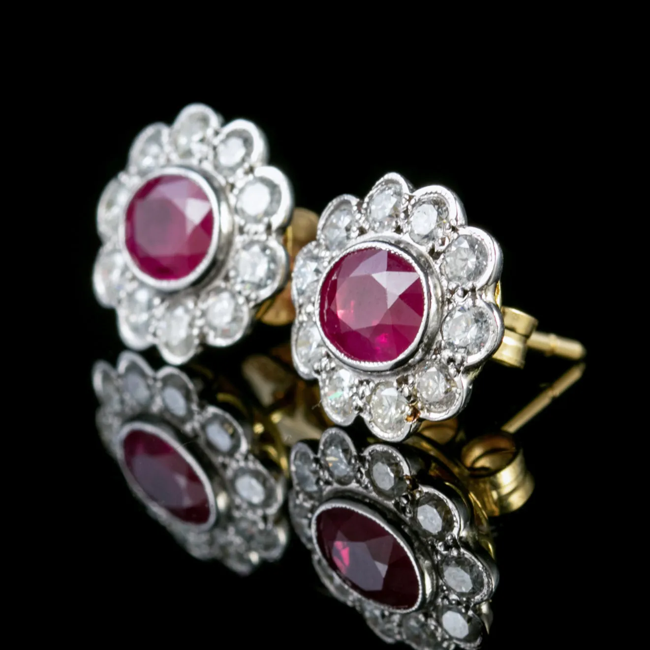 Ruby Diamond Cluster Earrings 18Ct Gold