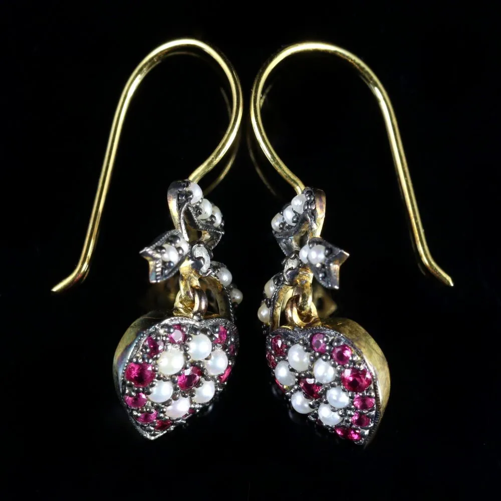 Ruby Pearl Diamond Heart Earrings 18Ct Gold Silver