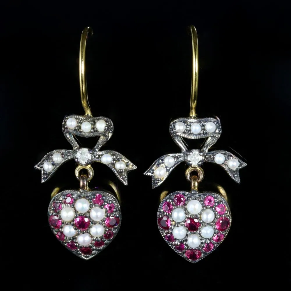Ruby Pearl Diamond Heart Earrings 18Ct Gold Silver