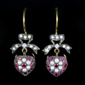 Ruby Pearl Diamond Heart Earrings 18Ct Gold Silver