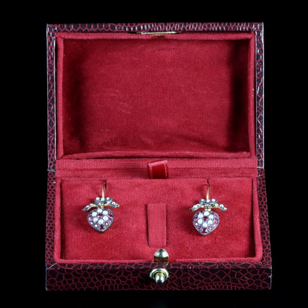 Ruby Pearl Diamond Heart Earrings 18Ct Gold Silver