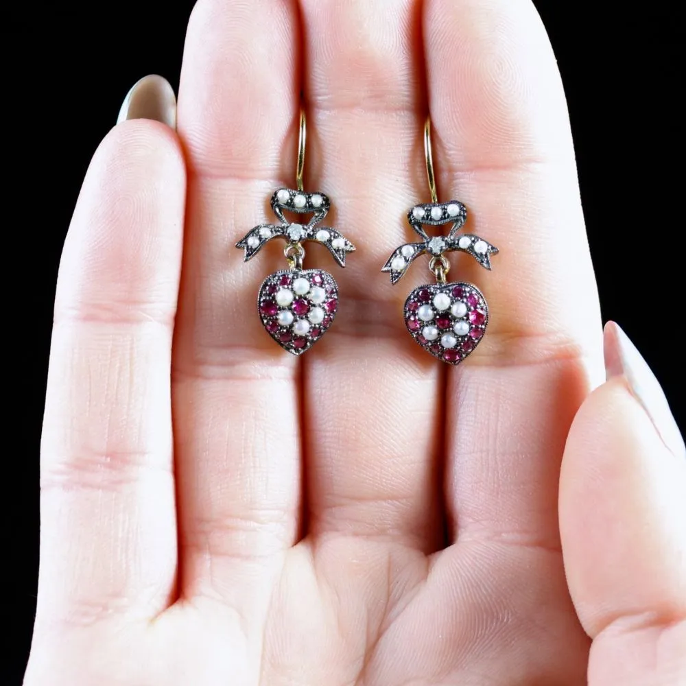 Ruby Pearl Diamond Heart Earrings 18Ct Gold Silver