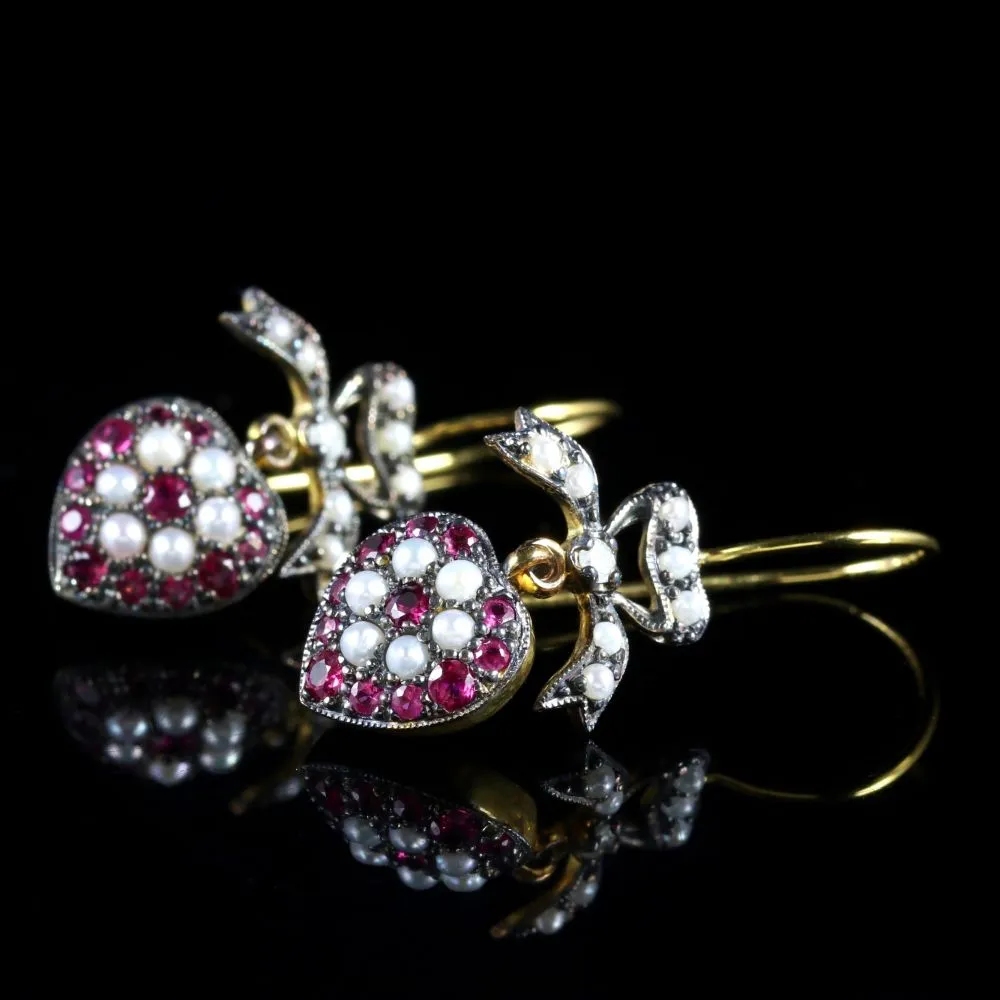 Ruby Pearl Diamond Heart Earrings 18Ct Gold Silver
