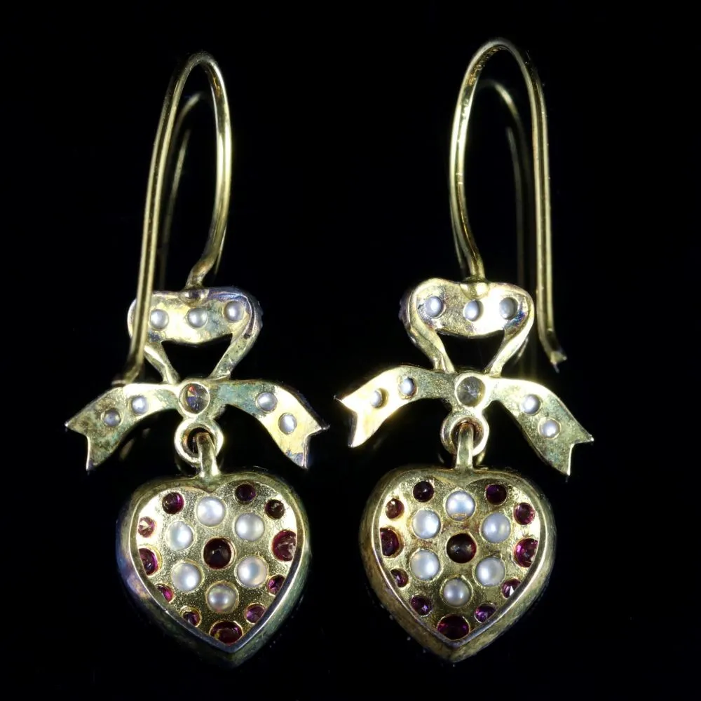 Ruby Pearl Diamond Heart Earrings 18Ct Gold Silver