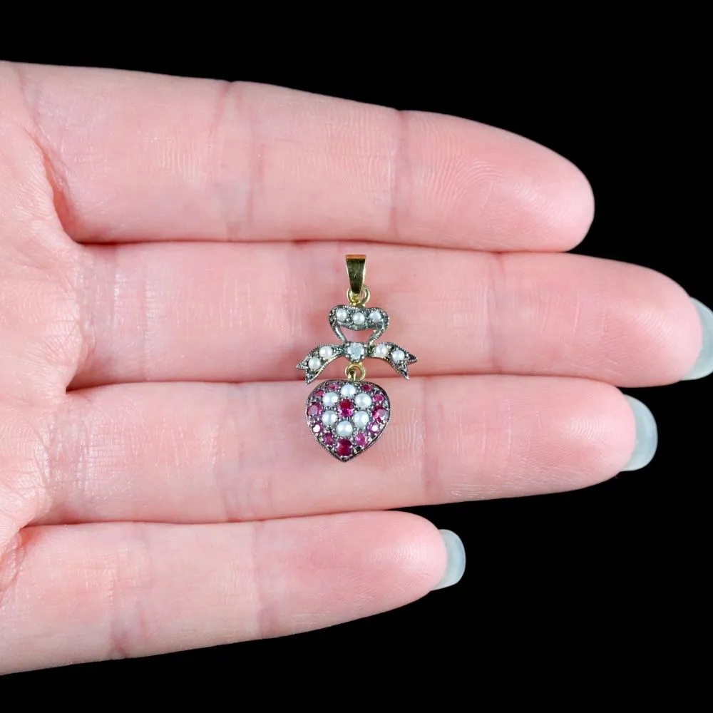 Ruby Pearl Heart Pendant 18Ct Gold Silver