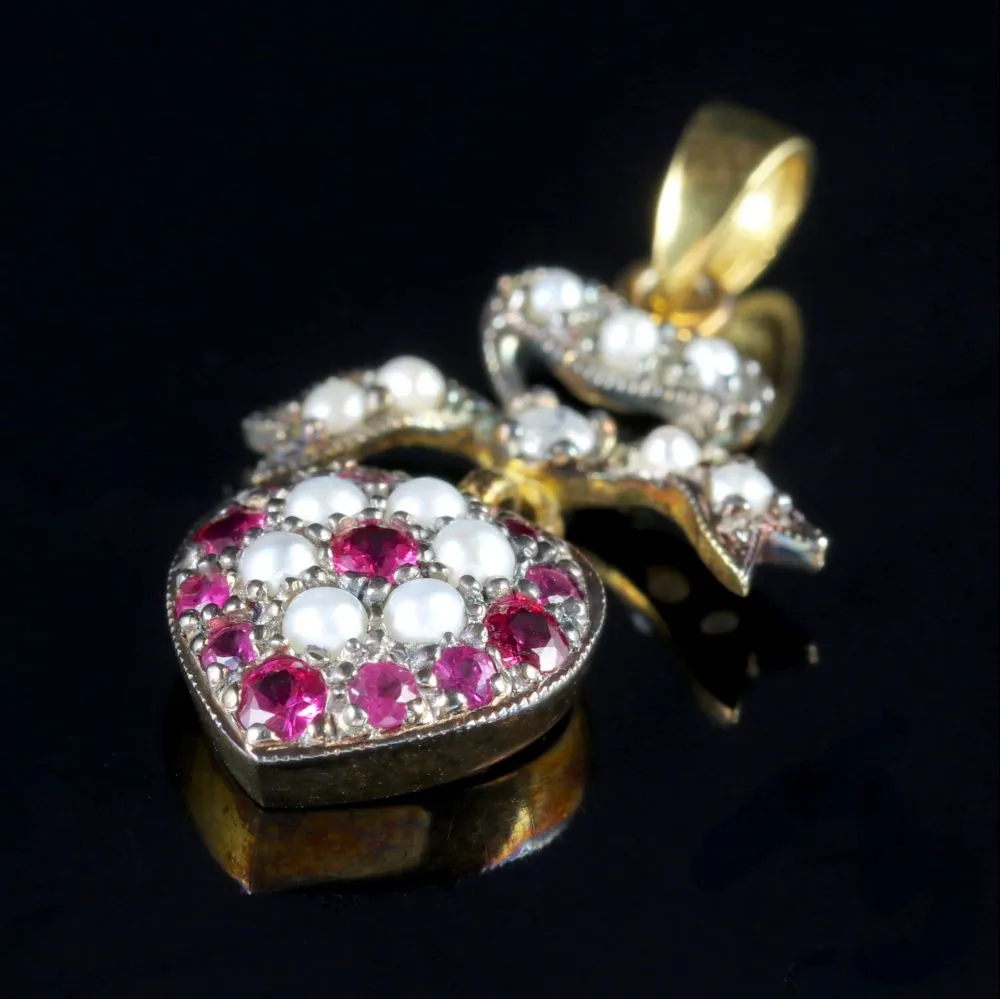 Ruby Pearl Heart Pendant 18Ct Gold Silver