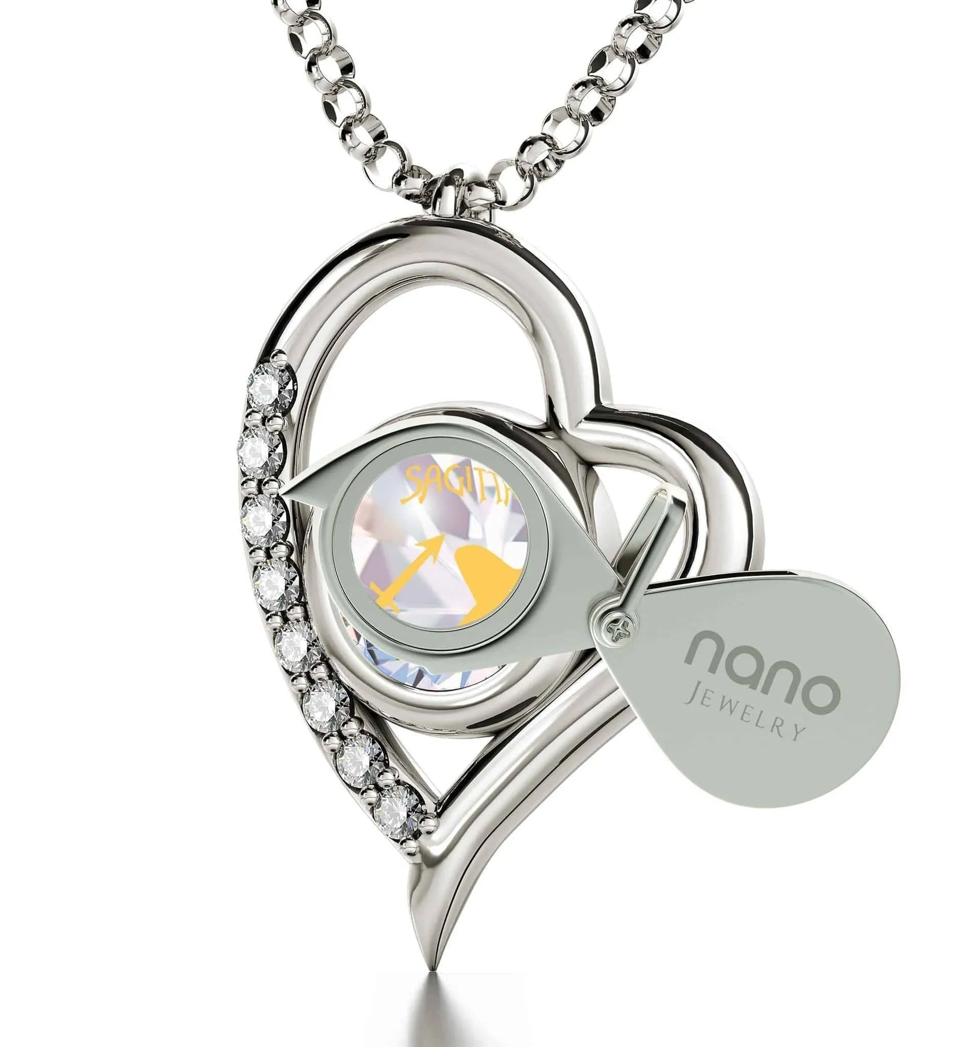 Sagittarius Sign, 14k White Gold Diamonds Necklace, Swarovski