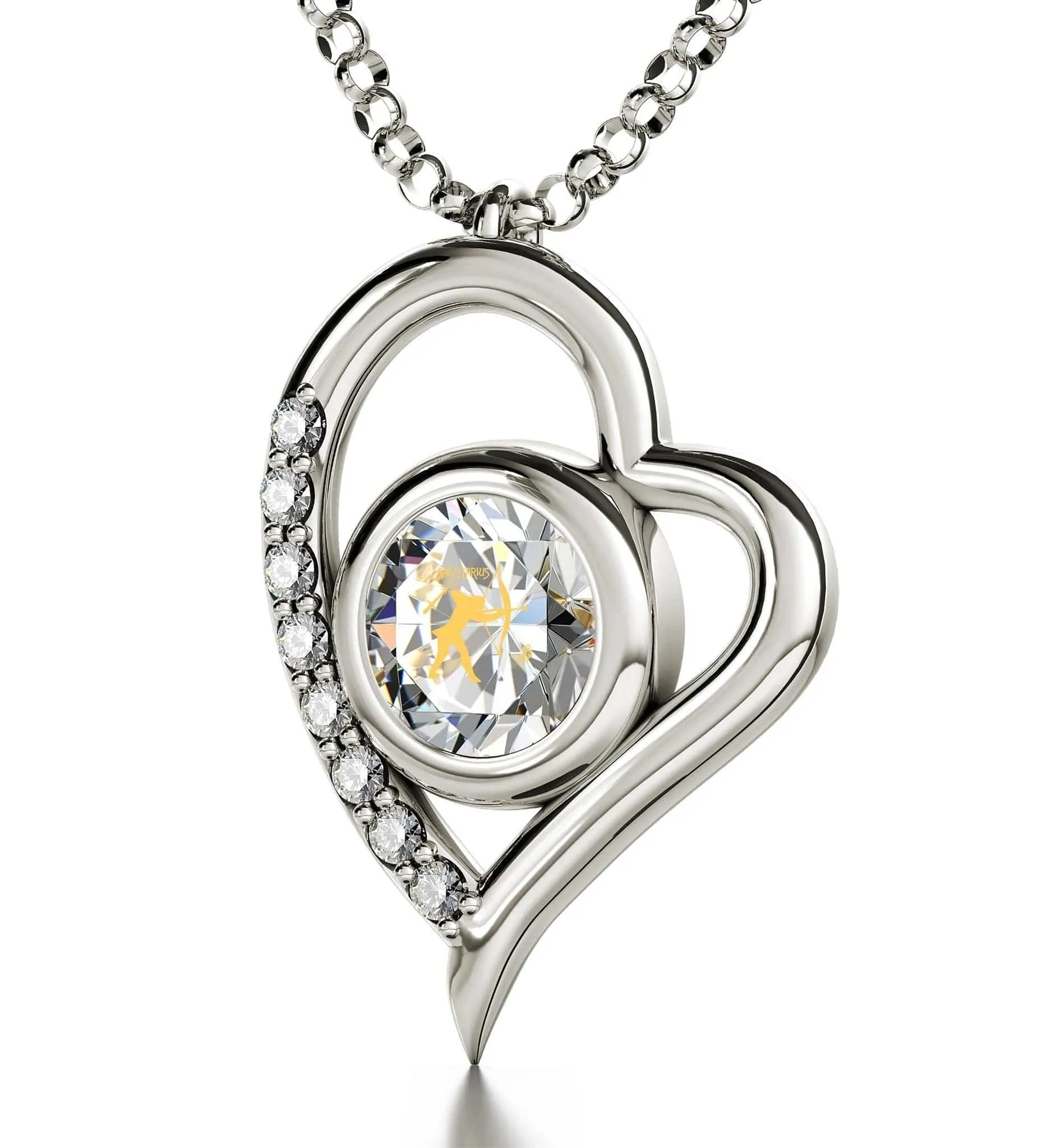 Sagittarius Sign, 14k White Gold Diamonds Necklace, Swarovski