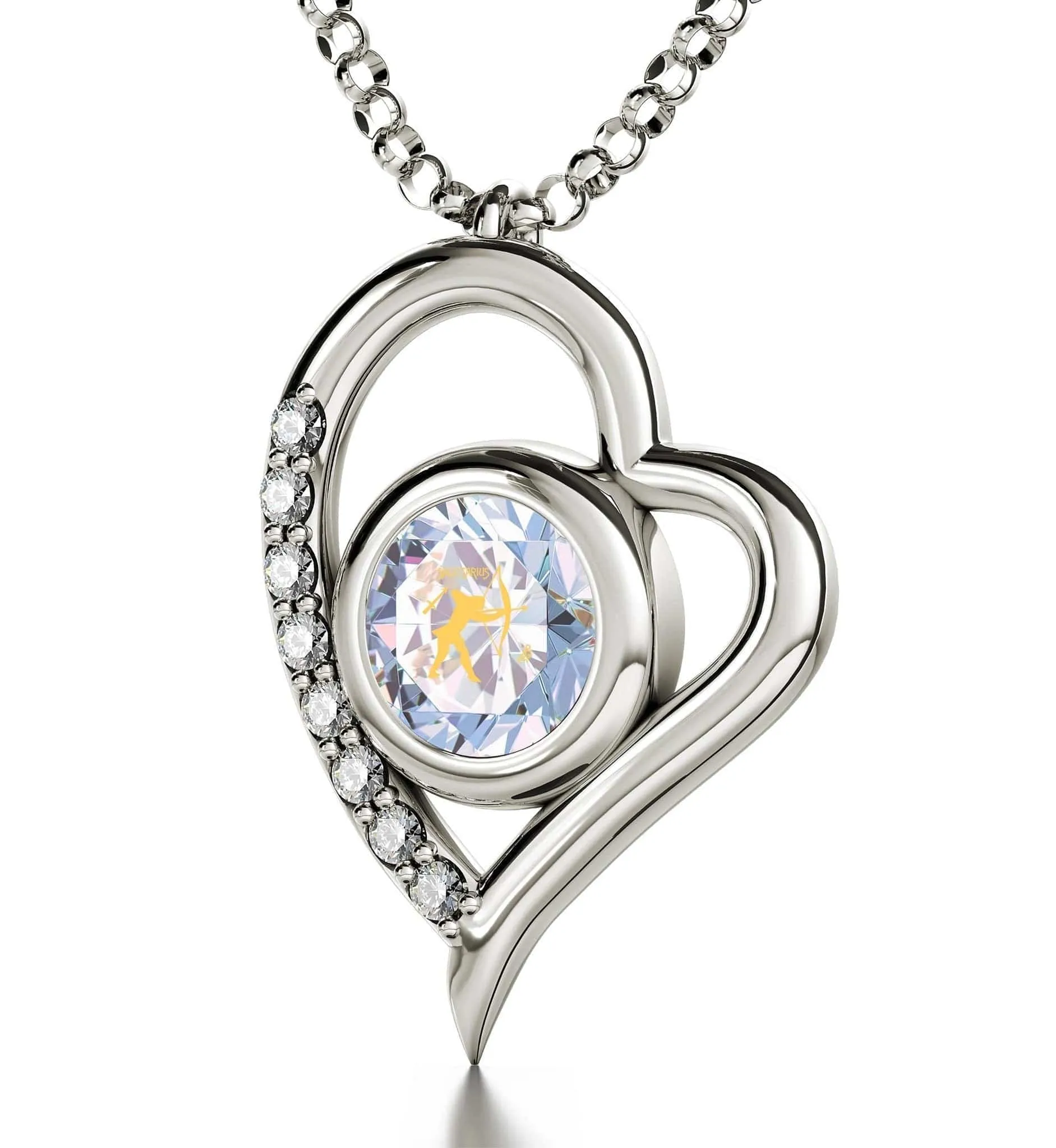 Sagittarius Sign, 14k White Gold Diamonds Necklace, Swarovski