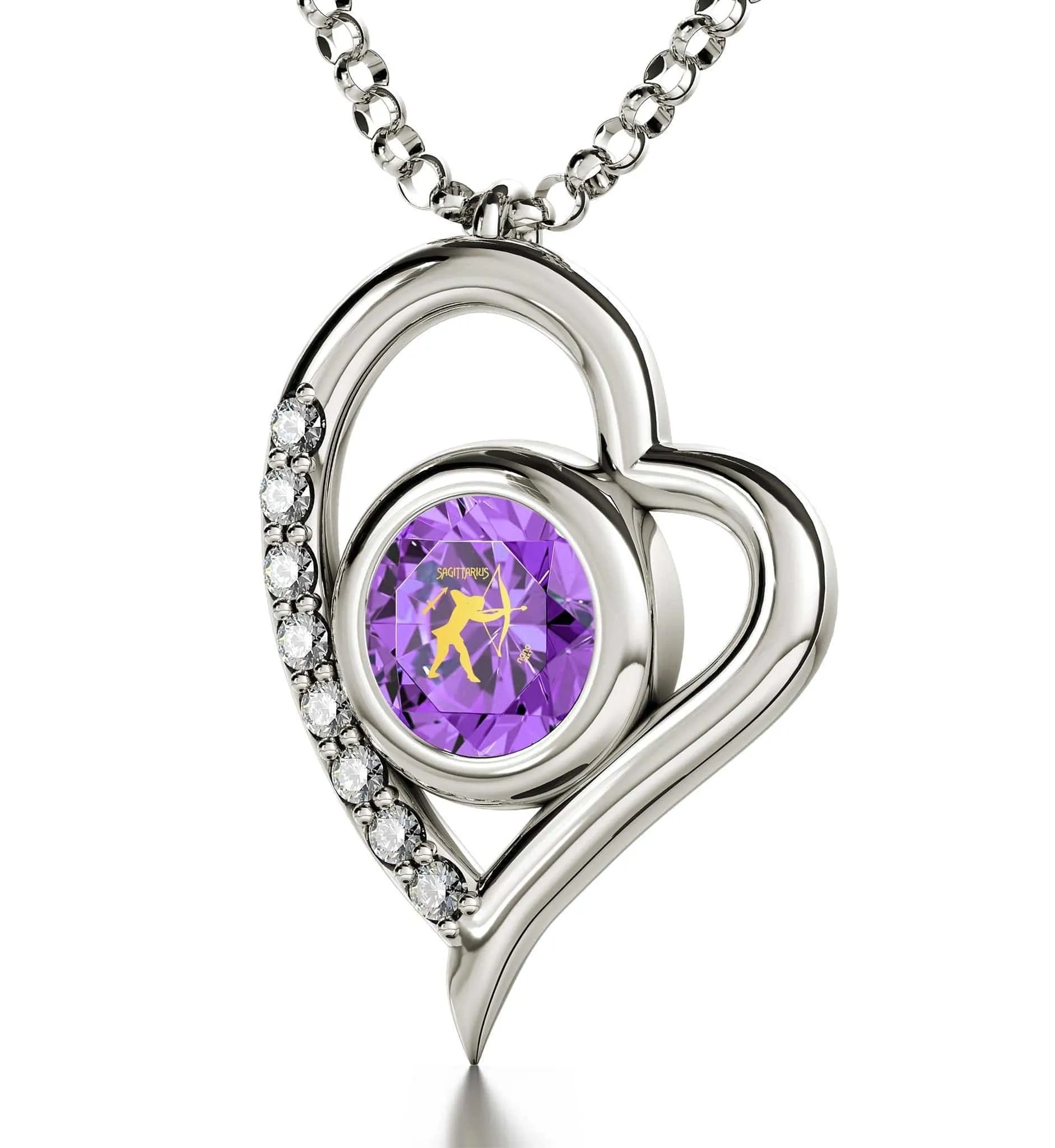 Sagittarius Sign, 14k White Gold Diamonds Necklace, Swarovski