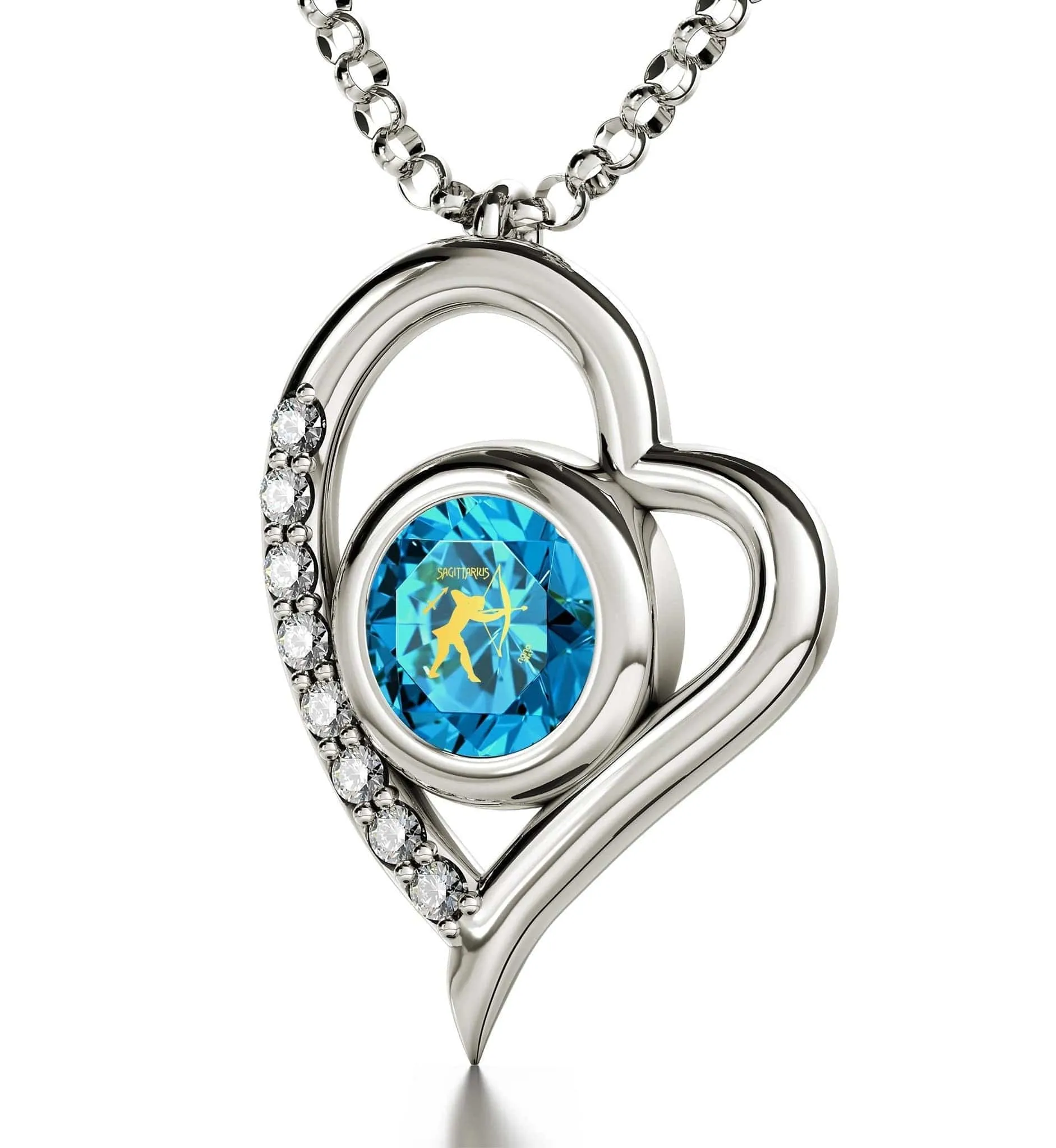 Sagittarius Sign, 14k White Gold Diamonds Necklace, Swarovski