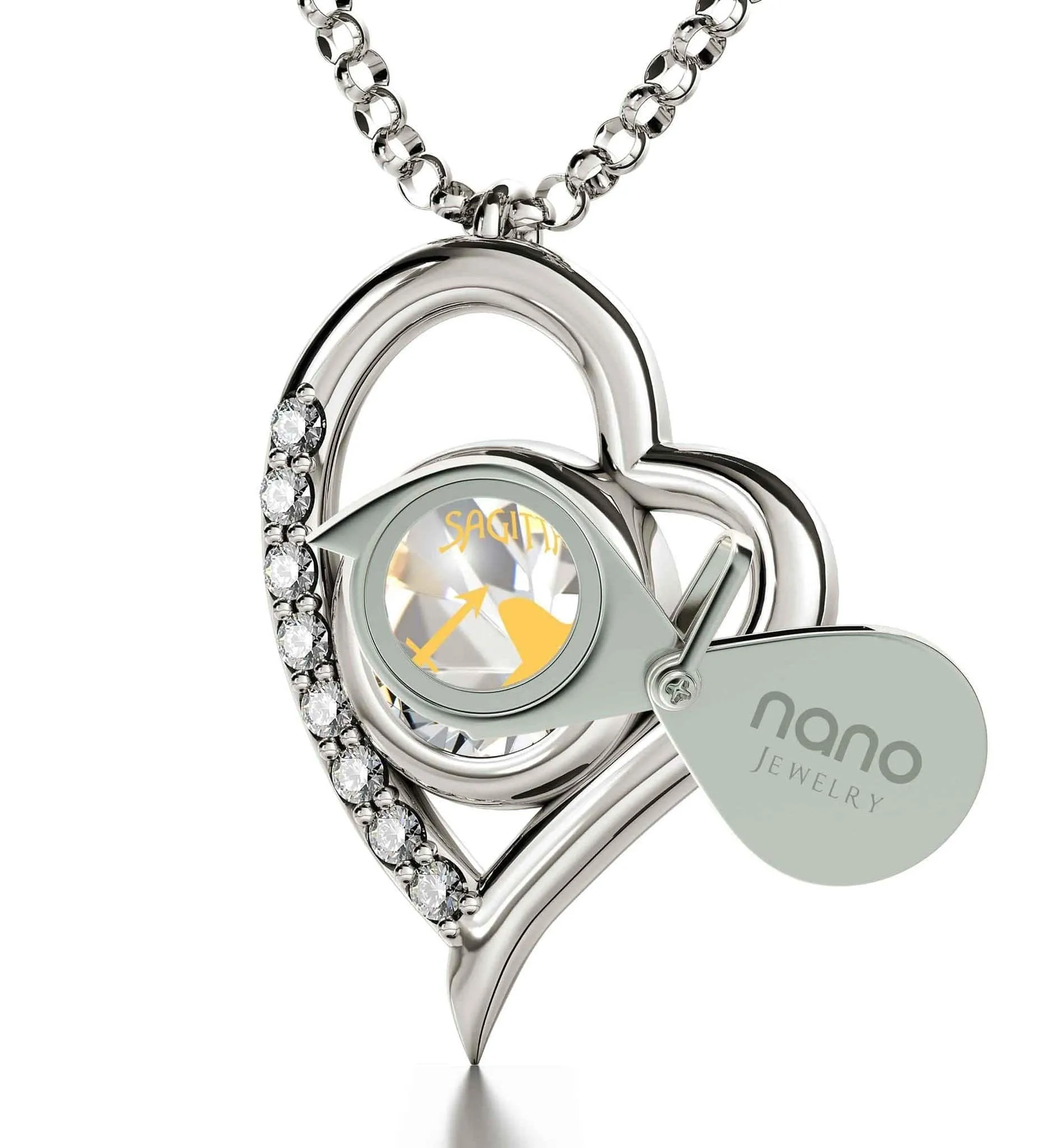 Sagittarius Sign, 14k White Gold Diamonds Necklace, Swarovski