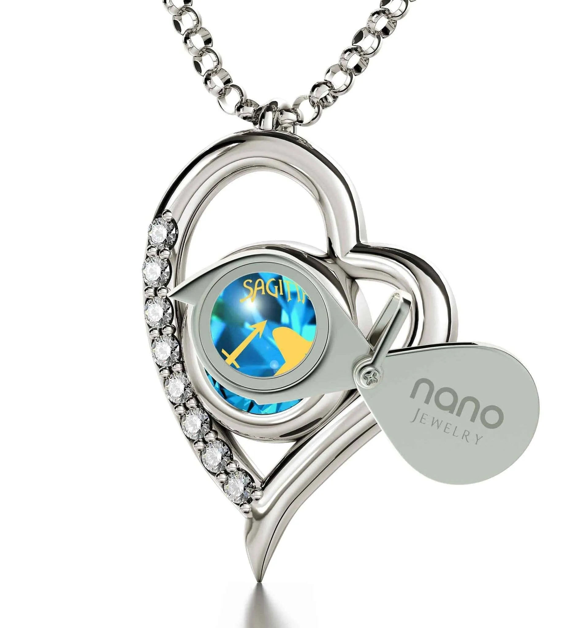 Sagittarius Sign, 14k White Gold Diamonds Necklace, Swarovski