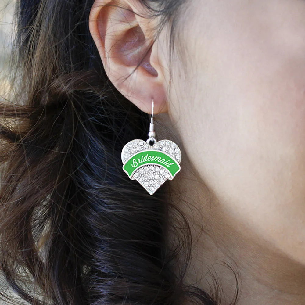 Silver Emerald Green Bridesmaid Pave Heart Charm Dangle Earrings