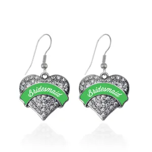 Silver Emerald Green Bridesmaid Pave Heart Charm Dangle Earrings