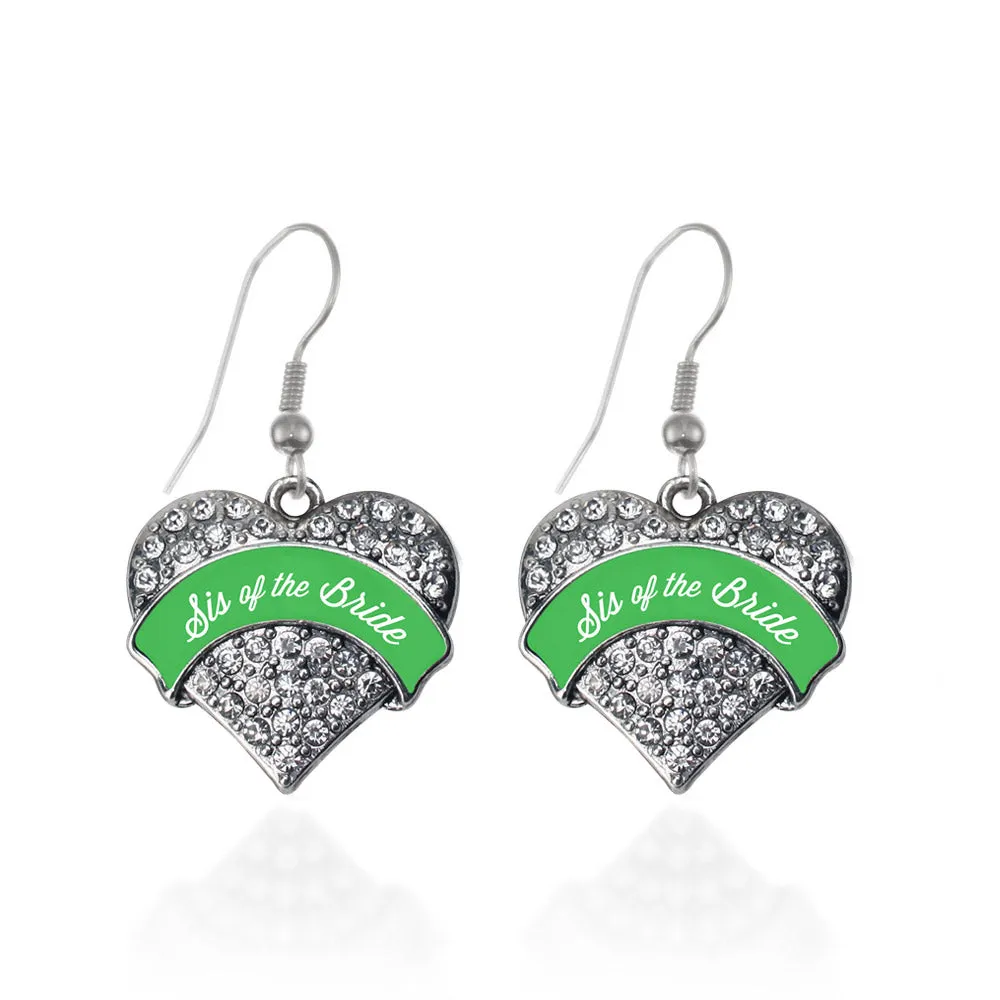 Silver Emerald Green Sis of the Bride Pave Heart Charm Dangle Earrings