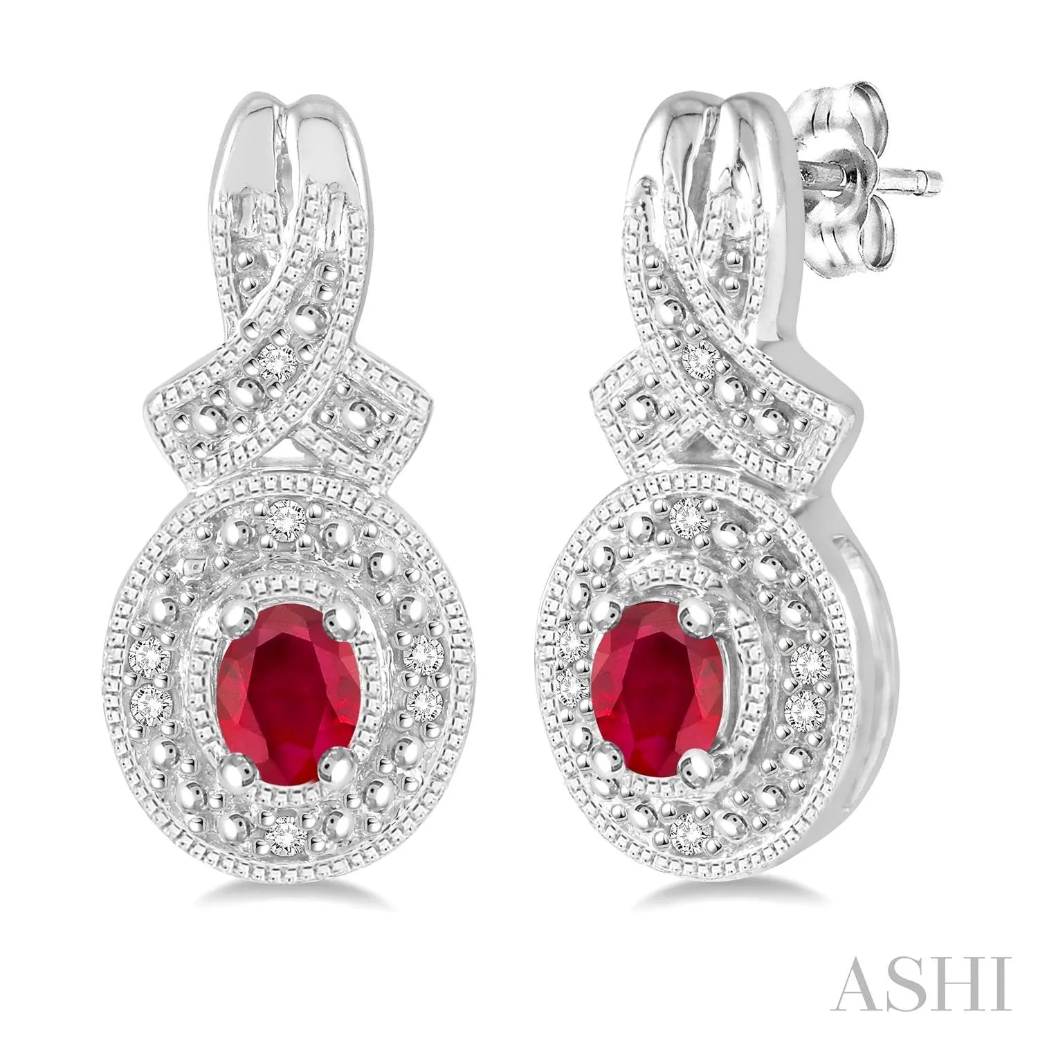 Sterling Silver Oval Ruby Drop Earrings with Diamonds
