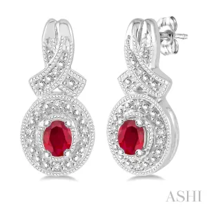 Sterling Silver Oval Ruby Drop Earrings with Diamonds