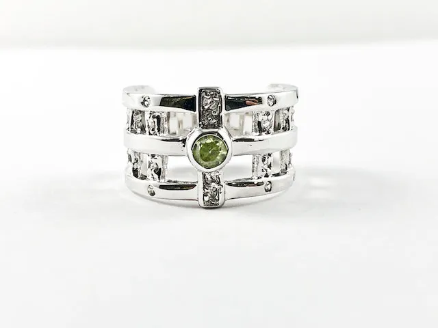Unique Open Design With Peridot Color Center CZ Brass Ring