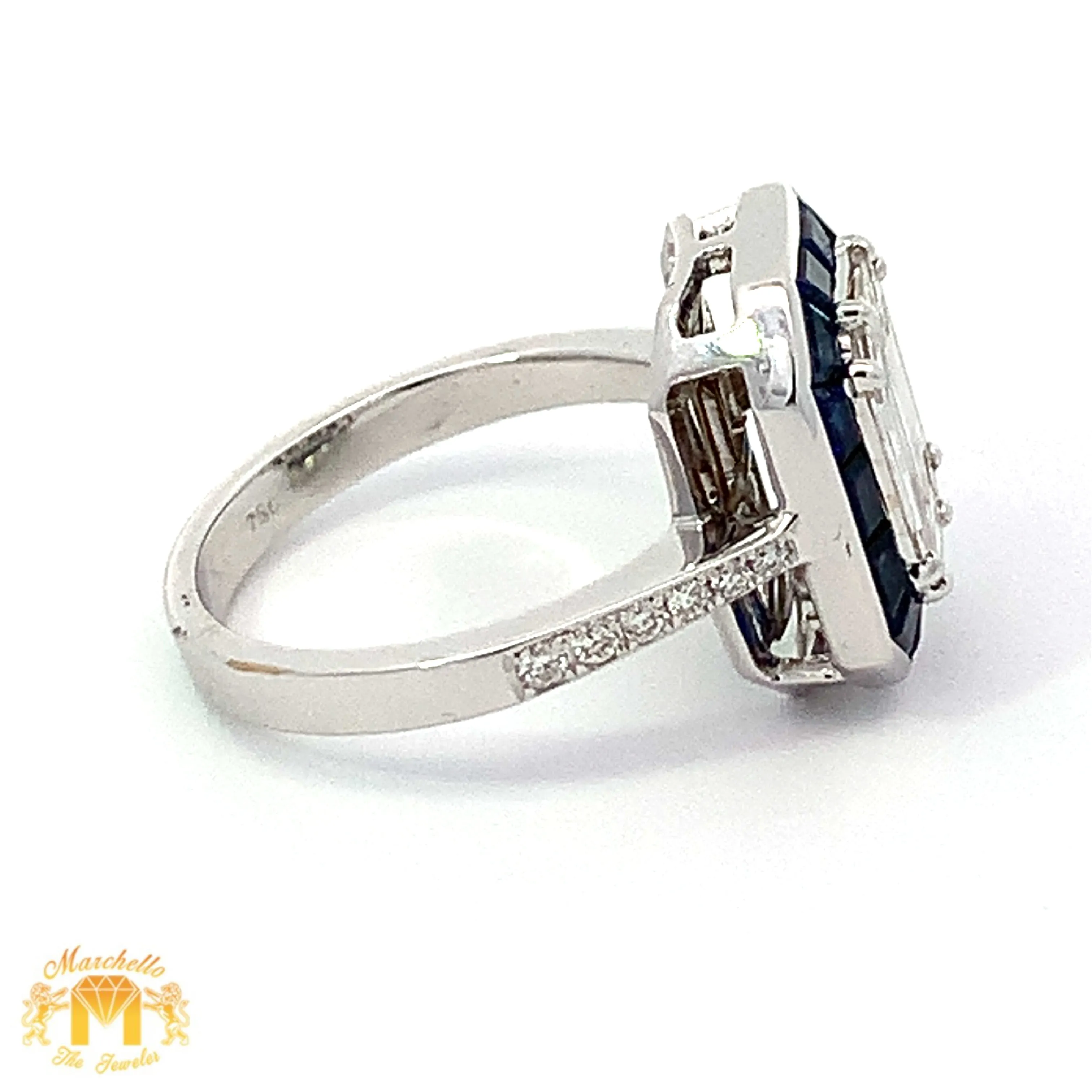 VVS/vs EF color high clarity diamonds set in a 18k Gold Emerald Blue Sapphire Ring with Round Diamonds