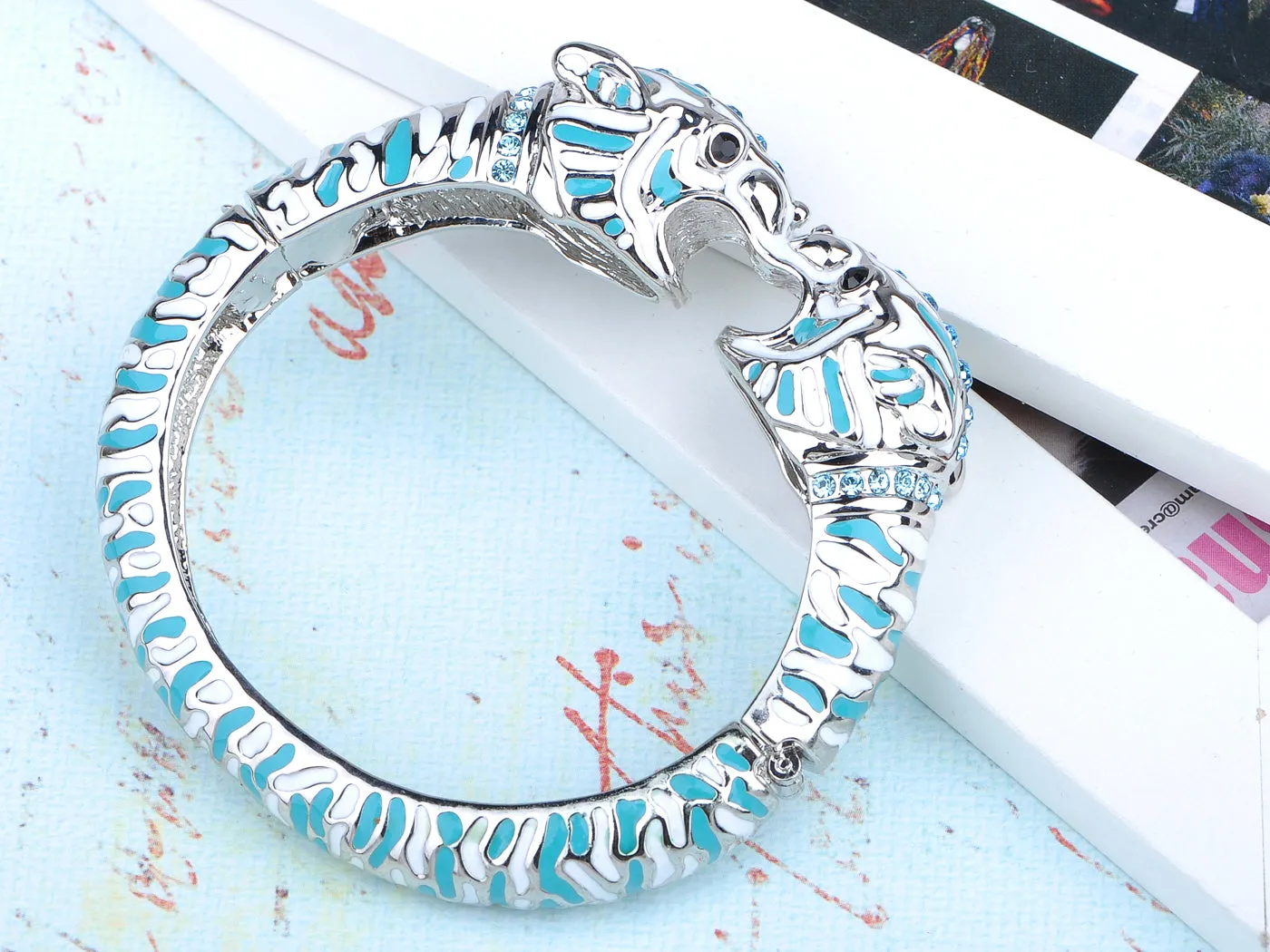 White Blue Enamel Aquamarine Twin Animal Bangle Bracelet