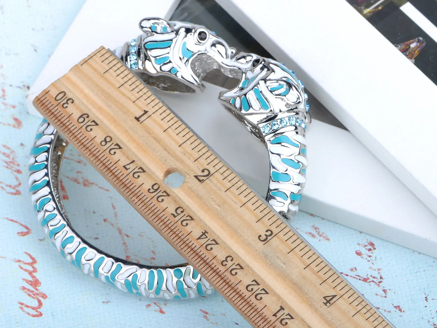 White Blue Enamel Aquamarine Twin Animal Bangle Bracelet
