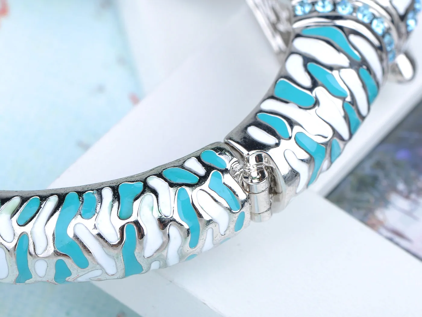 White Blue Enamel Aquamarine Twin Animal Bangle Bracelet