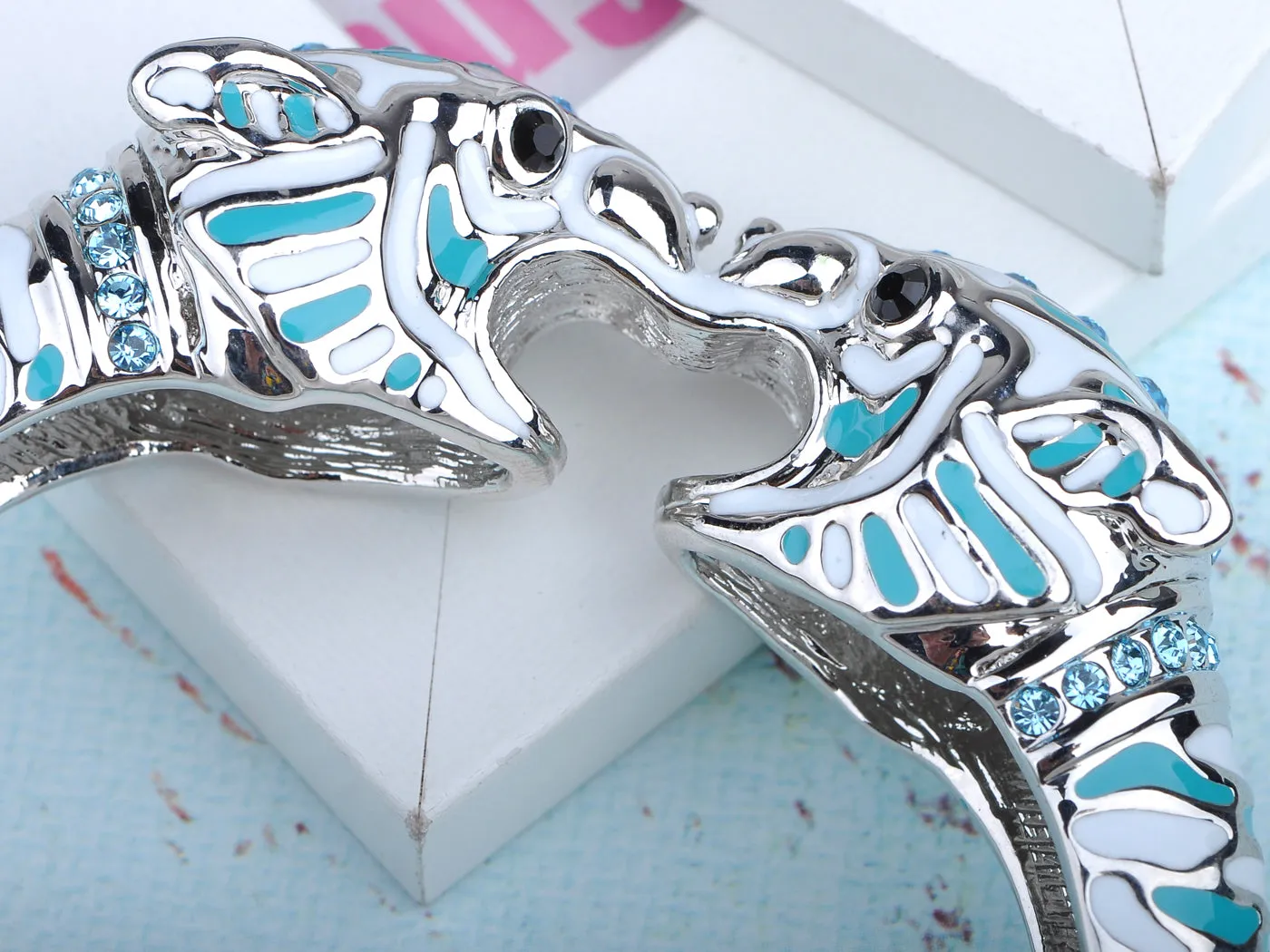White Blue Enamel Aquamarine Twin Animal Bangle Bracelet